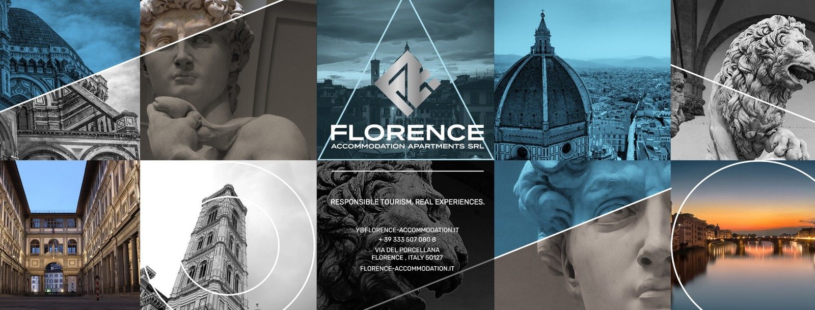 Florence Accommodation Apartments: the company logo over a collage of Florence landmarks, including the cathedral dome, Michelangelo's David, Giotto's bell tower, the Uffizi and the Arno at dusk, with the motto Responsible tourism, real experiences.