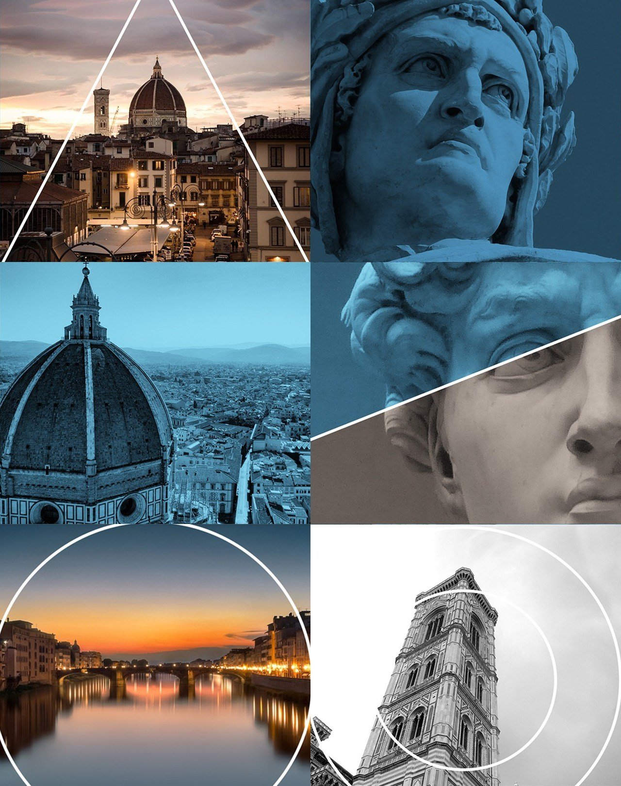Florence landmarks: the Duomo, Dante's statue, the Arno at dusk and Giotto's bell tower